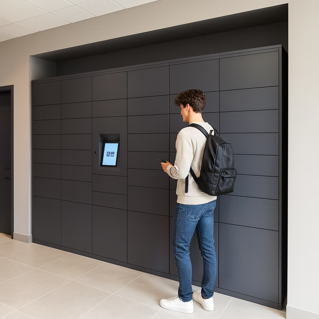 Resident collecting a parcel from a floor-to-ceiling smart locker wall in a building lobby